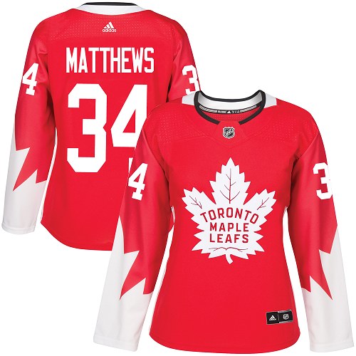 Adidas Maple Leafs #34 Auston Matthews Red Team Canada Authentic Women's Stitched NHL Jersey - Click Image to Close